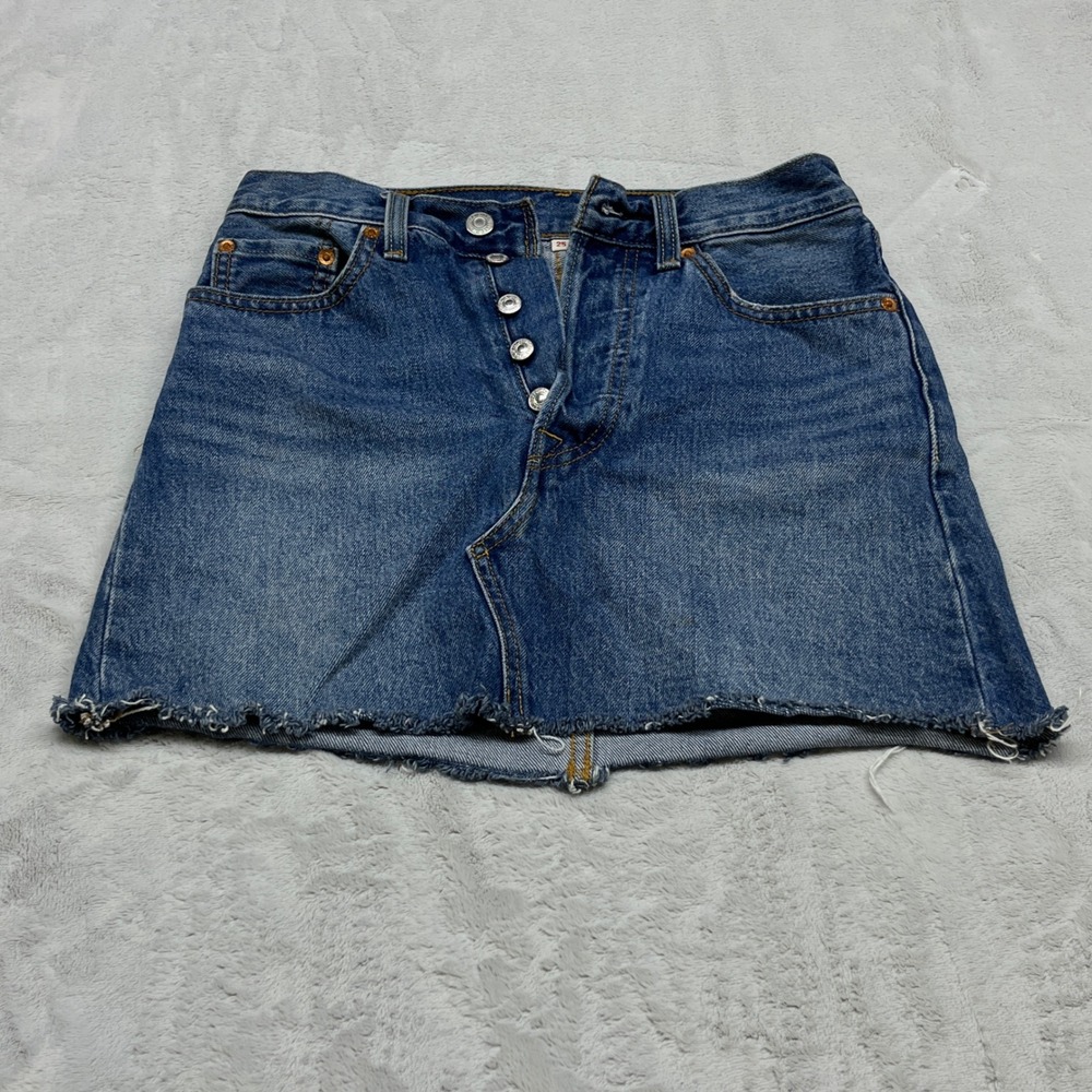 Levis‎ Premium Denim Skirt 25 Blue 100 Percent Cotton Raw Hem Button Fly